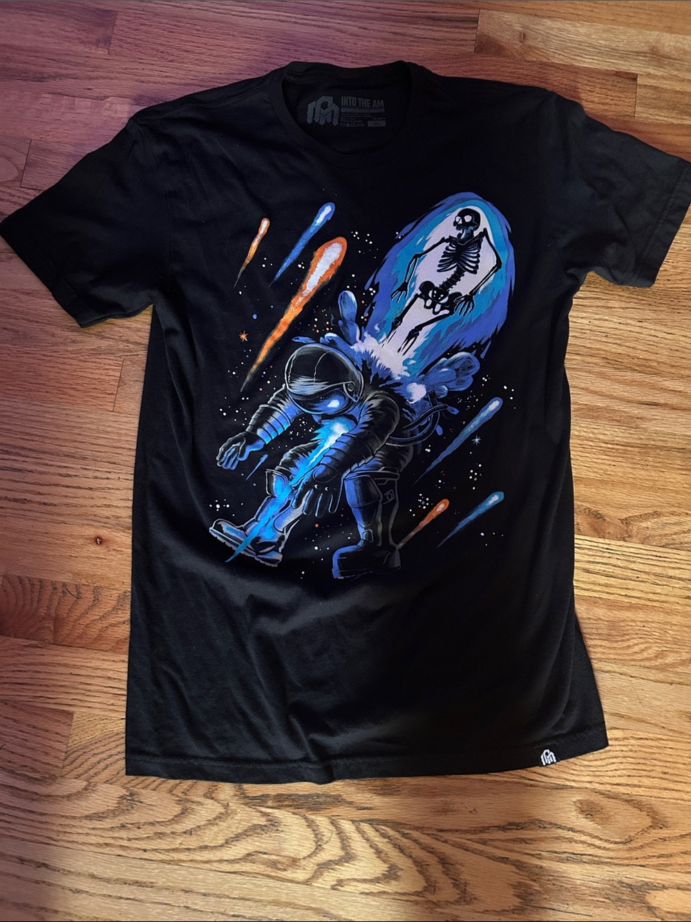 Men's Black Astronaut Graphic Tee with Blue & Orange Space Print